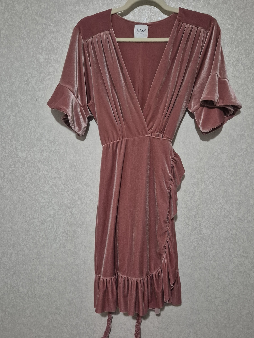 Misa Los Angeles Dusty Rose Velvet Wrap Mini Dress-Size:L